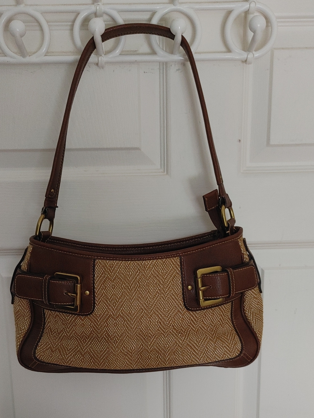 Apostrophe Brown and Tan Woven Shoulder Bag with Buckle Detail